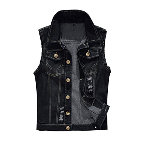 ORANDESIGNE Herren Denim Weste Mode Casual Zerrissene Jeansweste Freizeit Männer Weste Blau Basics schmale Jeansmantel Motorradjacke Punkjacke F Schwarz M von ORANDESIGNE
