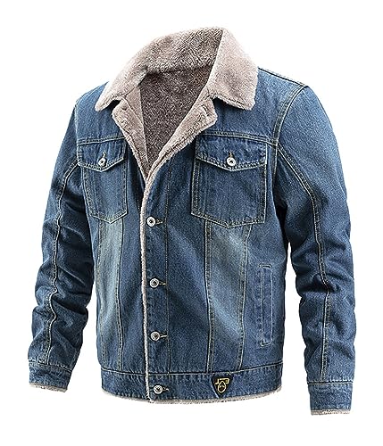 ORANDESIGNE Herren Fleece Jeansjacke Gefütterte Cordjacke Warme Übergangsjacke Winter Cargo Jacke mit Teddyfell-Kragen Sherpa Trucker Retro Revers Wintermantel A Dunkelblau XXL von ORANDESIGNE