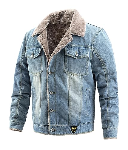 ORANDESIGNE Herren Fleece Jeansjacke Gefütterte Cordjacke Warme Übergangsjacke Winter Cargo Jacke mit Teddyfell-Kragen Sherpa Trucker Retro Revers Wintermantel A Hellblau XS von ORANDESIGNE