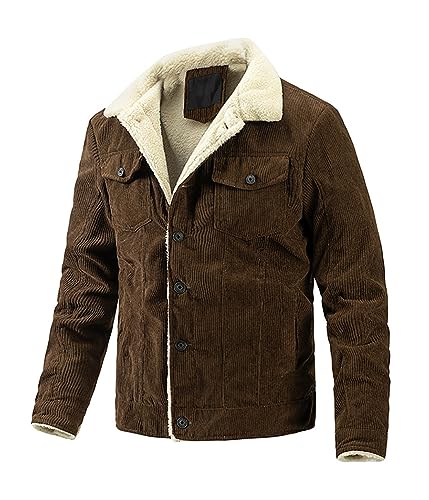 ORANDESIGNE Herren Fleece Jeansjacke Gefütterte Cordjacke Warme Übergangsjacke Winter Cargo Jacke mit Teddyfell-Kragen Sherpa Trucker Retro Revers Wintermantel B Kaffee L von ORANDESIGNE