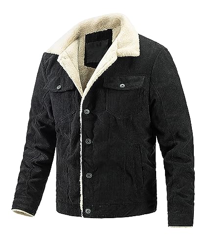 ORANDESIGNE Herren Fleece Jeansjacke Gefütterte Cordjacke Warme Übergangsjacke Winter Cargo Jacke mit Teddyfell-Kragen Sherpa Trucker Retro Revers Wintermantel B Schwarz XXL von ORANDESIGNE