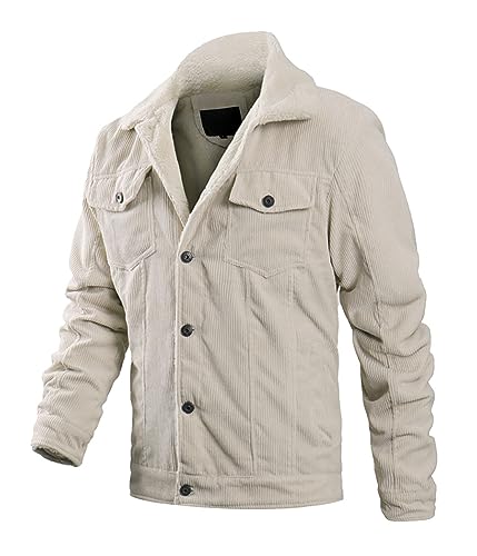 ORANDESIGNE Herren Fleece Jeansjacke Gefütterte Cordjacke Warme Übergangsjacke Winter Cargo Jacke mit Teddyfell-Kragen Sherpa Trucker Retro Revers Wintermantel B Weiß XL von ORANDESIGNE