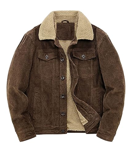 ORANDESIGNE Herren Fleece Jeansjacke Gefütterte Cordjacke Warme Übergangsjacke Winter Cargo Jacke mit Teddyfell-Kragen Sherpa Trucker Retro Revers Wintermantel C Kaffee 3XL von ORANDESIGNE