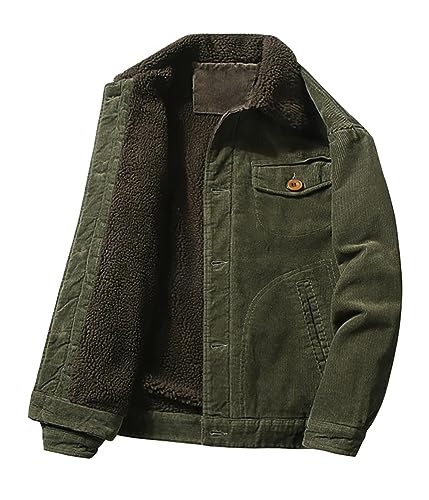 ORANDESIGNE Herren Fleece Jeansjacke Gefütterte Cordjacke Warme Übergangsjacke Winter Cargo Jacke mit Teddyfell-Kragen Sherpa Trucker Retro Revers Wintermantel D Armeegrün L von ORANDESIGNE