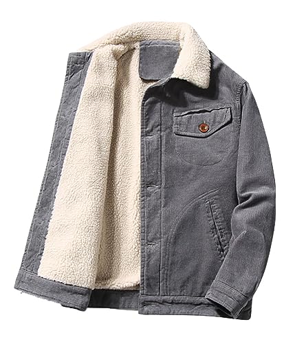 ORANDESIGNE Herren Fleece Jeansjacke Gefütterte Cordjacke Warme Übergangsjacke Winter Cargo Jacke mit Teddyfell-Kragen Sherpa Trucker Retro Revers Wintermantel D Grau 3XL von ORANDESIGNE