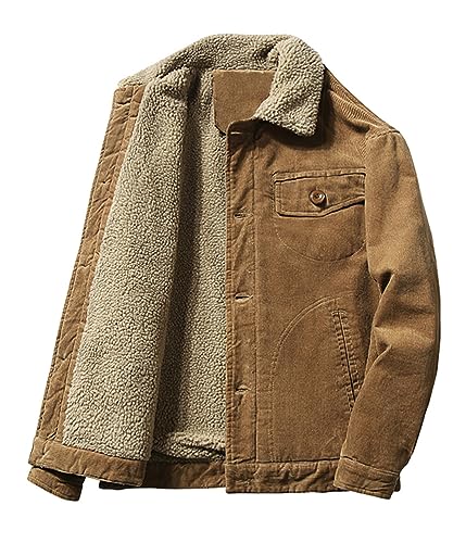 ORANDESIGNE Herren Fleece Jeansjacke Gefütterte Cordjacke Warme Übergangsjacke Winter Cargo Jacke mit Teddyfell-Kragen Sherpa Trucker Retro Revers Wintermantel D Kaffee XL von ORANDESIGNE