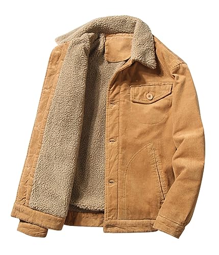 ORANDESIGNE Herren Fleece Jeansjacke Gefütterte Cordjacke Warme Übergangsjacke Winter Cargo Jacke mit Teddyfell-Kragen Sherpa Trucker Retro Revers Wintermantel D Khaki XS von ORANDESIGNE