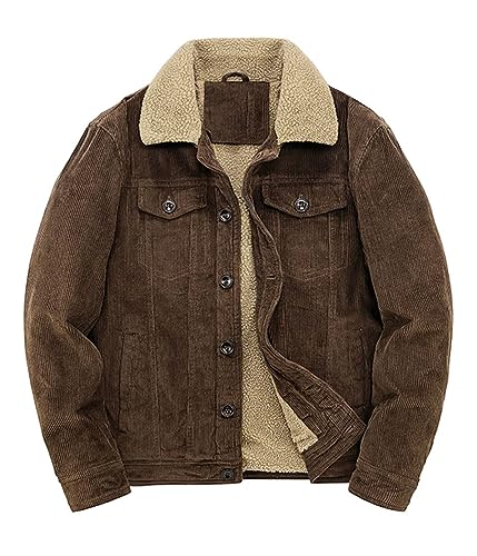 ORANDESIGNE Herren Fleece Jeansjacke Gefütterte Cordjacke Warme Übergangsjacke Winter Cargo Jacke mit Teddyfell-Kragen Sherpa Trucker Retro Revers Wintermantel L C Kaffee von ORANDESIGNE
