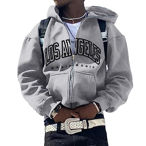 ORANDESIGNE Herren Full Zip Hoodie Y2K Los Angeles Pullover Jacke Beschriftung Drucken Harajuku für Paare Kapuzenpullover Vintage Kapuzenjacke Unisex Locker Sweatjacke mit Kapuze A Hellgrau M von ORANDESIGNE