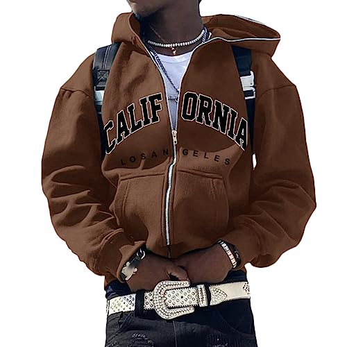 ORANDESIGNE Herren Full Zip Hoodie Y2K Los Angeles Pullover Jacke Beschriftung Drucken Harajuku für Paare Kapuzenpullover Vintage Kapuzenjacke Unisex Locker Sweatjacke mit Kapuze C Braun XXL von ORANDESIGNE