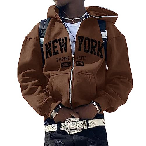 ORANDESIGNE Herren Full Zip Hoodie Y2K Los Angeles Pullover Jacke Beschriftung Drucken Harajuku für Paare Kapuzenpullover Vintage Kapuzenjacke Unisex Locker Sweatjacke mit Kapuze D Braun 3XL von ORANDESIGNE
