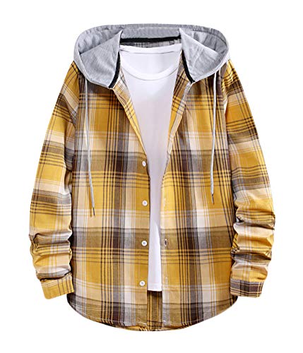 ORANDESIGNE Herren Hemd Kariertes Freizeithemd mit Kapuze Normale Passform Lange Ärmel Holzfällerhemd Arbeitshemd Jacke Plaid Oberteile Top B Gelb XXL von ORANDESIGNE