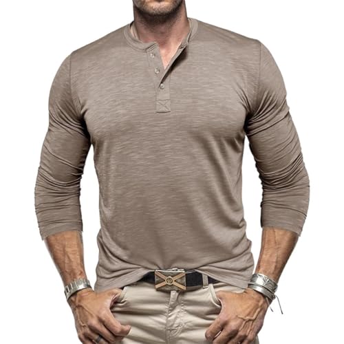 ORANDESIGNE Herren Henley Shirts Classic Baumwolle Langarm Knopf T-Shirt Beiläufig T Shirts mit 3-Knopf für Männer Einfarbig Basic Unterhemden A Khaki M von ORANDESIGNE