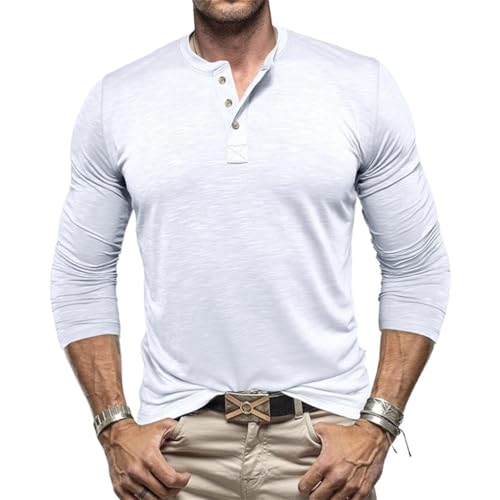 ORANDESIGNE Herren Henley Shirts Classic Baumwolle Langarm Knopf T-Shirt Beiläufig T Shirts mit 3-Knopf für Männer Einfarbig Basic Unterhemden A Weiß L von ORANDESIGNE