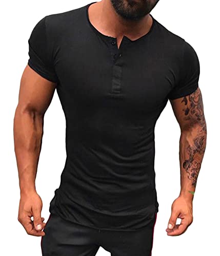 ORANDESIGNE Herren Henley T-Shirt Casual Kurzarm T-Shirts Rundhals Sommer Henleyhemd Tops Slim Fit Sommer T-Shirt Basic Männer Oberteile Muskelshirt A Schwarz XS von ORANDESIGNE