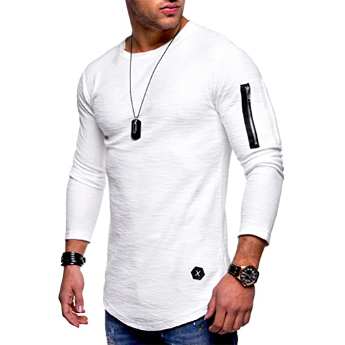 ORANDESIGNE Herren Herbst Winter T-Shirt V-Ausschnitt Slim Fit Moderner Männer T-Shirt Crew Neck Hoodie-Sweatshirt Langarmshirts Basic Einfarbig Unterhemd B Weiß XS von ORANDESIGNE