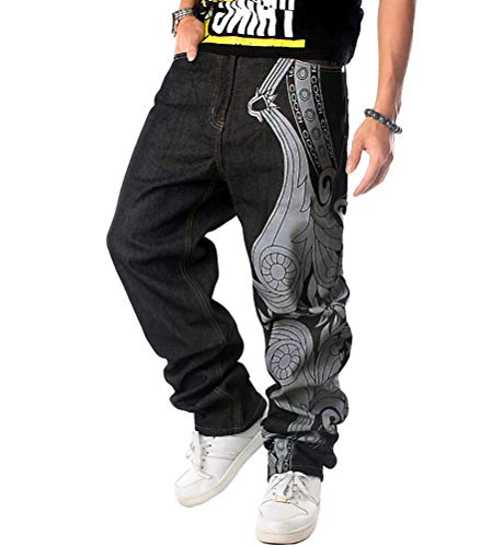 ORANDESIGNE Herren Hip Hop Baggy Jeans Vintage Graffiti Drucken Stickerei Denim Jeanshose Hip Hop Straßentanz Hosen Loose Fit Teenager Jungen Skateboard Hose Cargohosen C Schwarz 3XL von ORANDESIGNE