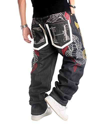 ORANDESIGNE Herren Hip Hop Baggy Jeans Vintage Graffiti Drucken Stickerei Denim Jeanshose Hip Hop Straßentanz Hosen Loose Fit Teenager Jungen Skateboard Hose Cargohosen S Schwarz M von ORANDESIGNE