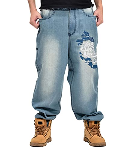 ORANDESIGNE Herren Hip Hop Baggy Jeans Vintage Graffiti Drucken Stickerei Denim Jeanshose Hip Hop Straßentanz Hosen Teenager Jungen Skateboard Hose Cargohosen V Hellblau 3XL von ORANDESIGNE