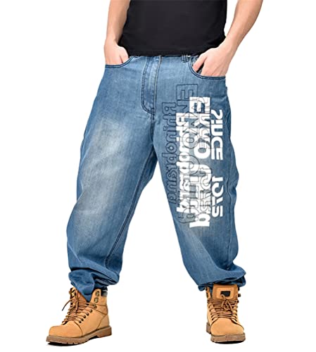 ORANDESIGNE Herren Hip Hop Baggy Jeans Vintage Graffiti Drucken Stickerei Denim Jeanshose Hip Hop Straßentanz Hosen Teenager Jungen Skateboard Hose Cargohosen X Hellblau XXL von ORANDESIGNE