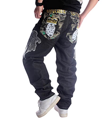 ORANDESIGNE Herren Hip Hop Baggy Jeans Vintage Graffiti Drucken Stickerei Denim Jeanshose Hip Hop Straßentanz Hosen Teenager Jungen Skateboard Hose Cargohosen ZD Schwarz L von ORANDESIGNE