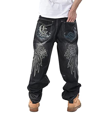 ORANDESIGNE Herren Hip Hop Baggy Jeans Vintage Graffiti Drucken Stickerei Denim Jeanshose Hip Hop Straßentanz Hosen Teenager Jungen Skateboard Hose Cargohosen ZF Schwarz M von ORANDESIGNE