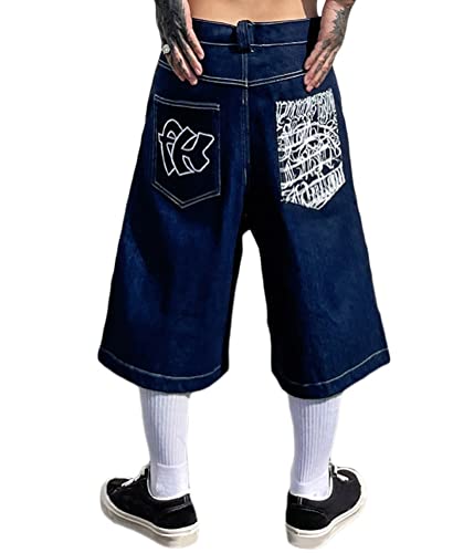 ORANDESIGNE Herren Hip Hop Denim Shorts Baggy Bermuda Shorts Vintage Drucken Stickerei Denim Jeanshorts Straßentanz Hosen Teenager Jungen Skateboard Hose Cargoshorts B Blau L von ORANDESIGNE