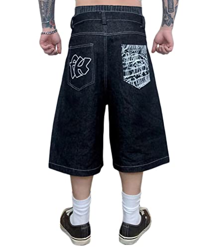 ORANDESIGNE Herren Hip Hop Denim Shorts Baggy Bermuda Shorts Vintage Drucken Stickerei Denim Jeanshorts Straßentanz Hosen Teenager Jungen Skateboard Hose Cargoshorts B Schwarz XL von ORANDESIGNE