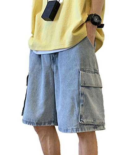 ORANDESIGNE Herren Hip Hop Denim Shorts Baggy Bermuda Shorts Vintage Drucken Stickerei Denim Jeanshorts Straßentanz Hosen Teenager Jungen Skateboard Hose Cargoshorts V Hellblau M von ORANDESIGNE