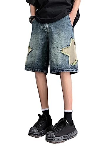 ORANDESIGNE Herren Hip Hop Denim Shorts Männer Baggy Patchwork Drucken Jeans Frauen Hoch Tailliert Bermuda Shorts Vintage Gerade Hosen Streetwear Jeans Straßentanz Skateboard Cargoshorts D Blau M von ORANDESIGNE