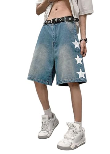 ORANDESIGNE Herren Hip Hop Denim Shorts Männer Baggy Patchwork Drucken Jeans Frauen Hoch Tailliert Bermuda Shorts Vintage Gerade Hosen Streetwear Jeans Straßentanz Skateboard Cargoshorts E Blau L von ORANDESIGNE