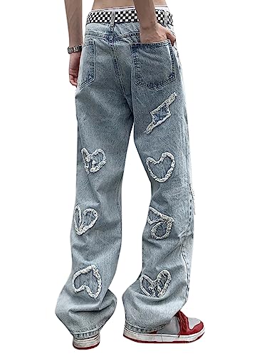 ORANDESIGNE Herren Hip Hop Jeans Baggy Jeans Straight Leg Gewaschen Jeanshose Casual Denim Hosen Vintage Bedruckte Jeans Teenager Jungen Skateboard Hose Streetwear T Blau L von ORANDESIGNE