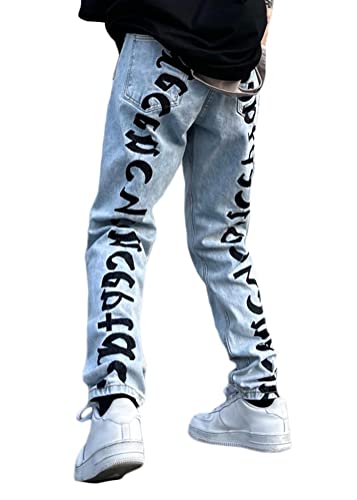 ORANDESIGNE Herren Hip Hop Jeans Baggy Jeans Straight Leg Gewaschen Jeanshose Casual Denim Hosen Vintage Bedruckte Jeans Teenager Jungen Skateboard Hose Streetwear Y Schwarz XS von ORANDESIGNE