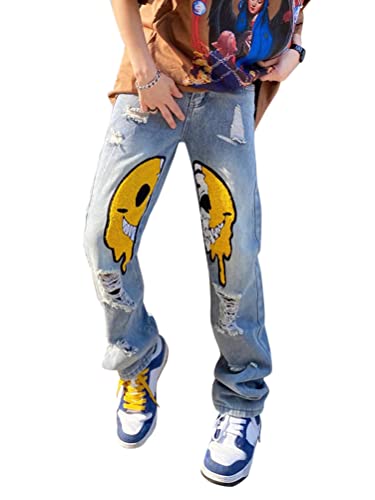 ORANDESIGNE Herren Hip Hop Jeans Baggy Jeans Straight Leg Gewaschen Jeanshose Casual Denim Hosen Vintage Bedruckte Jeans Teenager Jungen Skateboard Hose Streetwear ZF Blau L von ORANDESIGNE