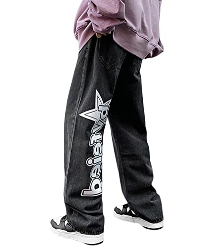 ORANDESIGNE Herren Hip Hop Jeans Baggy Jeans Straight Leg Gewaschen Jeanshose Casual Denim Hosen Vintage Bedruckte Jeans Teenager Jungen Skateboard Hose Streetwear ZI Grau M von ORANDESIGNE