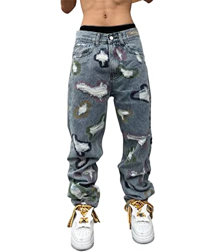 ORANDESIGNE Herren Hip Hop Jeans Baggy Jeans Straight Leg Gewaschen Jeanshose Casual Denim Hosen Vintage Bedruckte Jeans Teenager Jungen Skateboard Hose Streetwear ZN Blau S von ORANDESIGNE