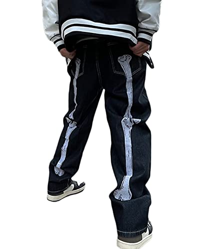 ORANDESIGNE Herren Hip Hop Jeans Baggy Straight Leg Gewaschen Jeanshose Casual Denim Hosen Vintage Bedruckte Jeans Teenager Jungen Skateboard Hose Streetwear U Schwarz M von ORANDESIGNE