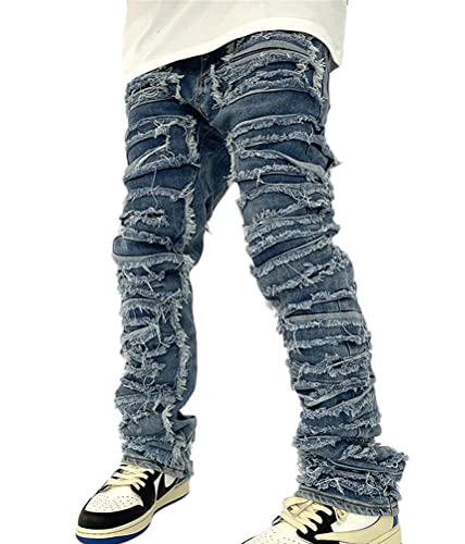 ORANDESIGNE Herren Hip Hop Jeans Baggy Straight Leg Gewaschen Jeanshose Casual Denim Hosen Vintage Bedruckte Jeans Teenager Jungen Skateboard Hose Streetwear ZF Blau L von ORANDESIGNE