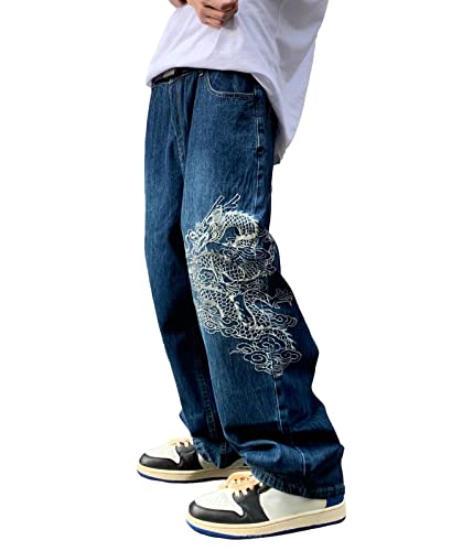 ORANDESIGNE Herren Hip Hop Jeans Baggy Straight Leg Gewaschen Jeanshose Casual Denim Hosen Vintage Bedruckte Jeans Teenager Jungen Skateboard Hose Streetwear ZH Blau L von ORANDESIGNE