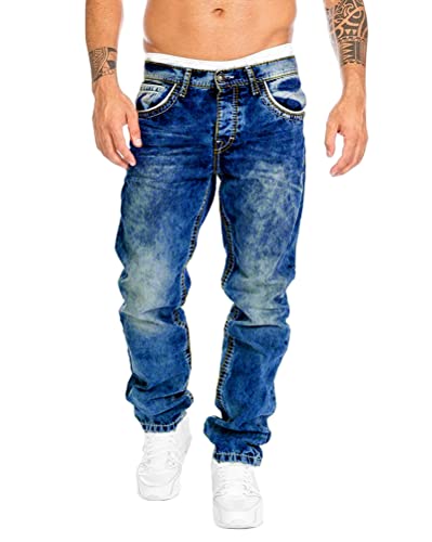 ORANDESIGNE Herren Hip Hop Jeans Regular Fit Straight Leg Denim Jeanshose Männer Blau Jeanshose Teenager Jungen Streetwear B Dunkelblau S von ORANDESIGNE