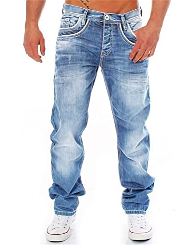 ORANDESIGNE Herren Hip Hop Jeans Regular Fit Straight Leg Denim Jeanshose Männer Blau Jeanshose Teenager Jungen Streetwear C Hellblau L von ORANDESIGNE