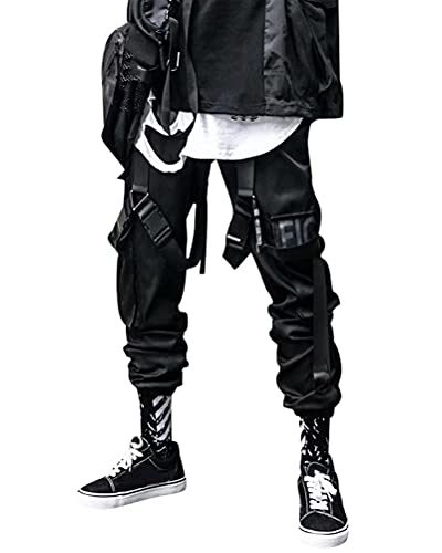 ORANDESIGNE Herren Cargohose Arbeit Kampfhosen Techwear Hose Jogginghose Hip Hop Jogger Hosen Punkhosen mit Mehreren Taschen C Schwarz L von ORANDESIGNE
