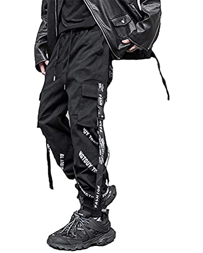 ORANDESIGNE Herren Cargohose Arbeit Kampfhosen Techwear Hose Jogginghose Hip Hop Jogger Hosen Punkhosen mit Mehreren Taschen B Schwarz XXL von ORANDESIGNE