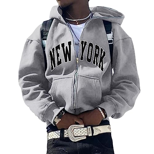 ORANDESIGNE Herren Hoodie Pullover Jacke Beschriftung Drucken Harajuku für Paare Kapuzenpullover Vintage Kapuzenjacke Unisex Locker Sweatjacke mit Kapuze 90er E-Girl Top A Hellgrau XS von ORANDESIGNE