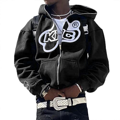 ORANDESIGNE Herren Hoodie Pullover Jacke Beschriftung Drucken Harajuku für Paare Kapuzenpullover Vintage Kapuzenjacke Unisex Locker Sweatjacke mit Kapuze 90er E-Girl Top A Schwarz S von ORANDESIGNE