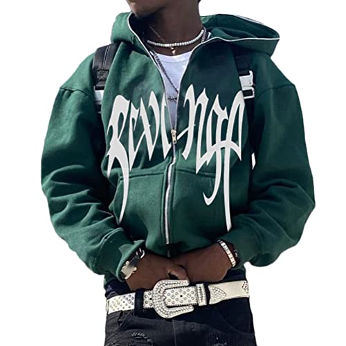 ORANDESIGNE Herren Hoodie Pullover Jacke Beschriftung Drucken Harajuku für Paare Kapuzenpullover Vintage Kapuzenjacke Unisex Locker Sweatjacke mit Kapuze 90er E-Girl Top E Grün XS von ORANDESIGNE