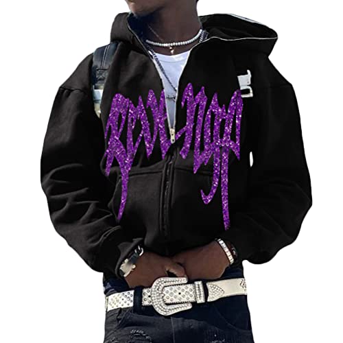 ORANDESIGNE Herren Hoodie Pullover Jacke Beschriftung Drucken Harajuku für Paare Kapuzenpullover Vintage Kapuzenjacke Unisex Locker Sweatjacke mit Kapuze 90er E-Girl Top E Violett L von ORANDESIGNE