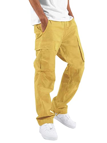 ORANDESIGNE Herren Hosen Cargo Joggers Jogginghose Freizeithosen Slim Fit Chinohosen Sport Elastische Taille Hose mit Taschen C Gelb XXL von ORANDESIGNE