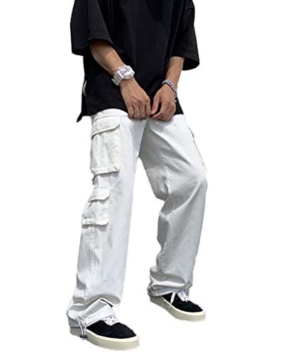 ORANDESIGNE Herren Hosen Freizeithose Loose Fit Cargohosen Fracht Hosen mit Taschen Jogginghose Hip Hop Jogger Hosen Cargo Pants Jugend Hose mit weitem Bein B Weiß L von ORANDESIGNE