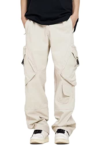 ORANDESIGNE Herren Hosen Freizeithose Loose Fit Cargohosen Fracht Hosen mit Taschen Jogginghose Hip Hop Jogger Hosen Cargo Pants Jugend Hose mit weitem Bein E Beige S von ORANDESIGNE